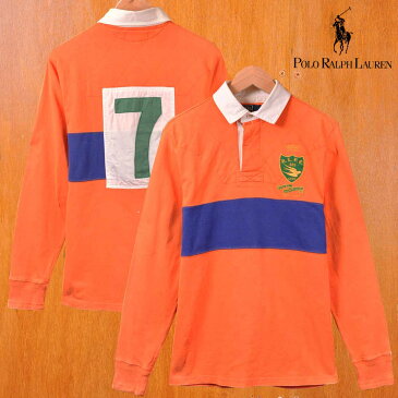 Polo Ralph Lauren ポロ ラルフローレン / ショルダーキルティング 長袖ラガーシャツ 長袖ポロシャツ / オレンジベース×ブルー 胸ボーダー柄 胸刺繍 背中ナンバリング / メンズS【中古】▽