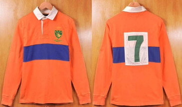 Polo Ralph Lauren ポロ ラルフローレン / ショルダーキルティング 長袖ラガーシャツ 長袖ポロシャツ / オレンジベース×ブルー 胸ボーダー柄 胸刺繍 背中ナンバリング / メンズS【中古】▽