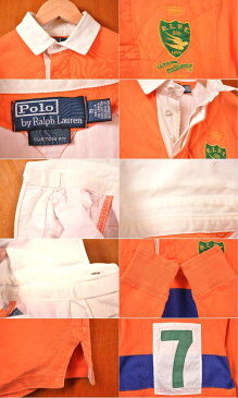 Polo Ralph Lauren ポロ ラルフローレン / ショルダーキルティング 長袖ラガーシャツ 長袖ポロシャツ / オレンジベース×ブルー 胸ボーダー柄 胸刺繍 背中ナンバリング / メンズS【中古】▽