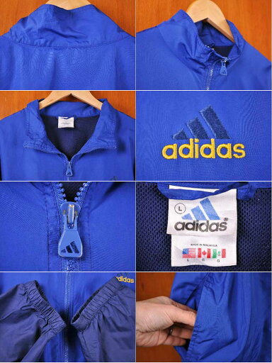 【ビッグサイズ】adidas アディダス ナイロンジャケット ブルー×イエロー×ネイビー 袖ライン メンズXL相当【中古】▼