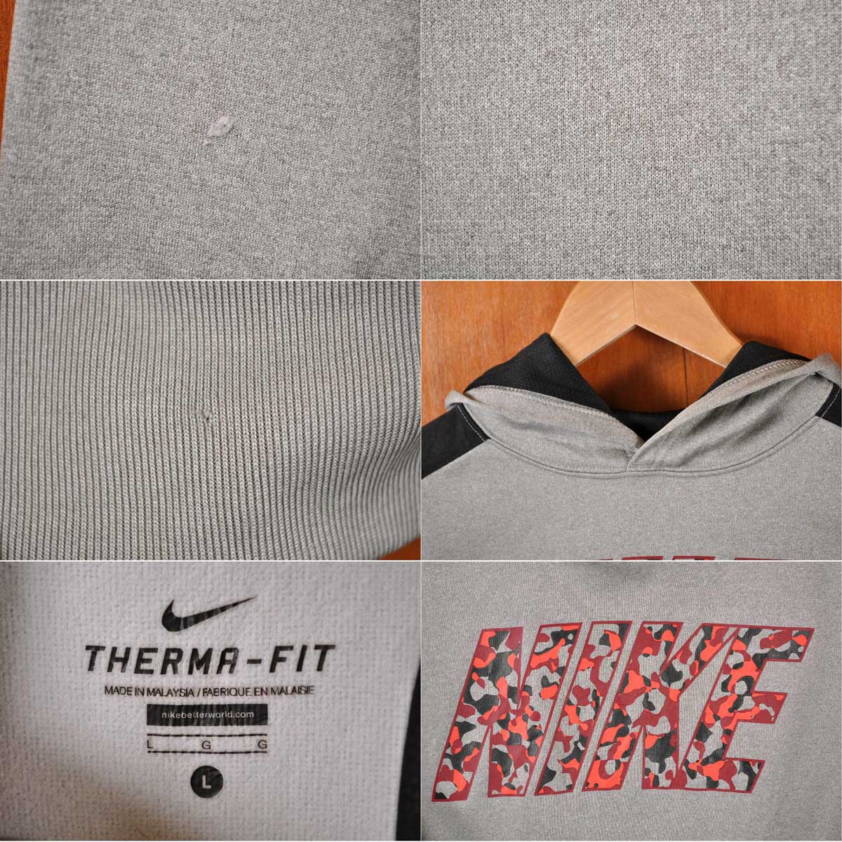 NIKE ナイキ Therma-FIT サーマフィット プルオーバー マイクロファイバー パーカ 霜降りグレー×ブラック×レッド迷彩柄ロゴ レディースS相当【中古】■【BG-OK】