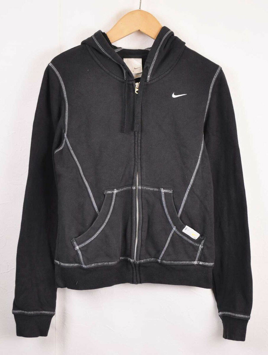Rakuten - NIKE ナイキ フルジップ スウェット 薄手 パーカ ブラック×ホワイト ワンポイントロゴ刺繍 レディース2XS相当【中古】■