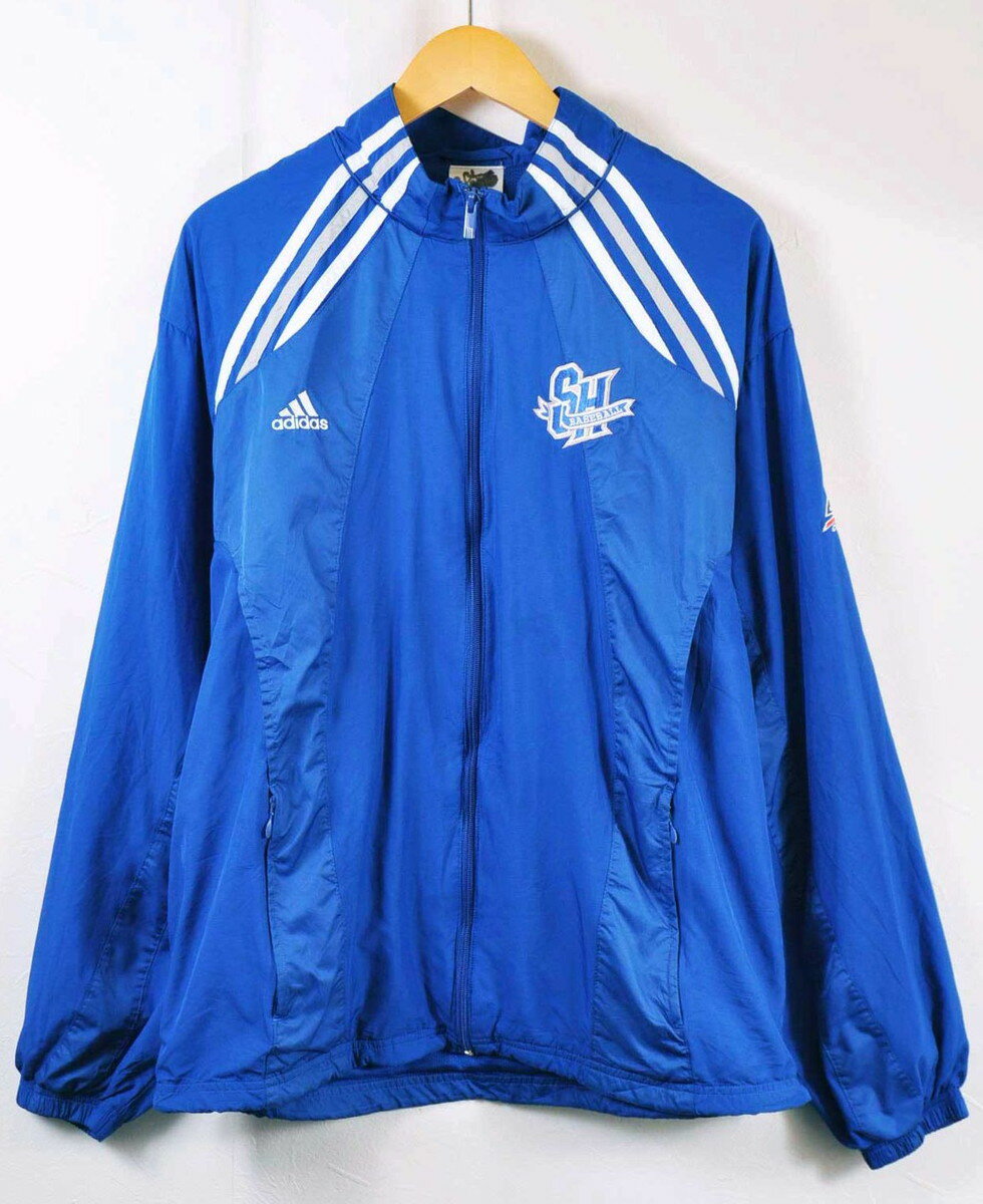 adidas アディダス チーム別注 ナイロンジャケット ブルー×ホワイト メンズL【中古】▼【KA】