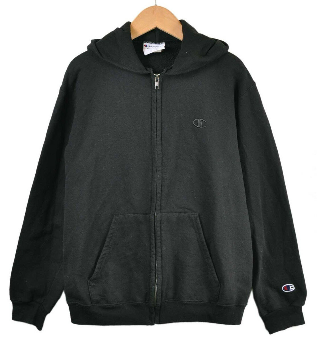 Champion チャンピオン フルジップ スウェットパーカ ブラック ワンポイントロゴ刺繍 レディースL相当【中古】■