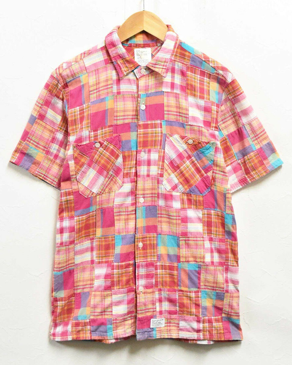 2000年代 WTAPS ダブルタップス 裏原 半袖シャツ パッチワーク風 コットン ピンク系 チェック柄 メンズL【中古】▼
