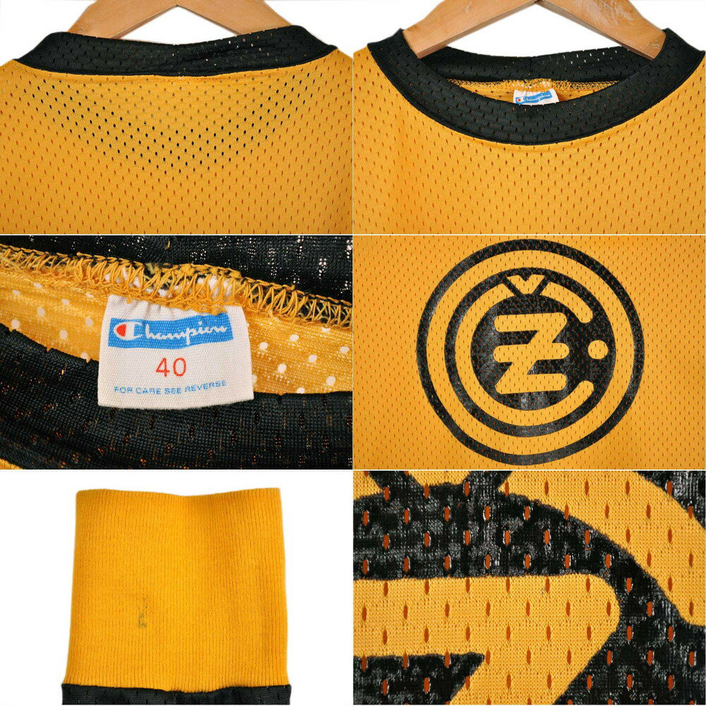 ヴィンテージ USA製 バータグ Champion チャンピオン ウォームアップシャツ トレーニングシャツ 長袖メッシュシャツ ユニフォーム イエロー×ブラック メンズS相当【中古】▼