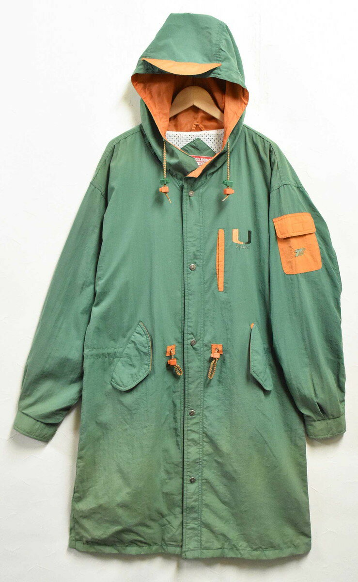 【ビッグサイズ】KOREA製 COLLEGIATE LIGENSED PRODUCT カレッジ系 スナップボタン ロング丈ナイロンジャケット ナイロンコート グリーン×オレンジ メンズXL相当【中古】■