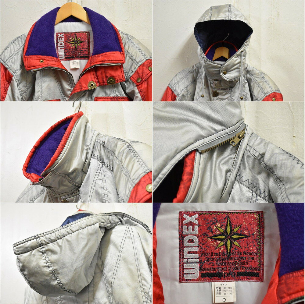【ビッグサイズ】ヴィンテージ WINDEX ウインデックス スキーウェア スキージャケット & スキーパンツ パーカ フード付き ナイロン セットアップ 2点セット シルバー系 メンズXL【中古】▼ 3