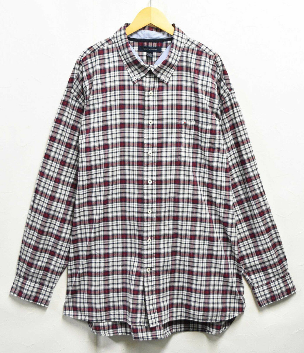 【ビッグサイズ】TOMMY HILFIGER トミーヒルフィガー 長袖シャツ 薄手 コットン ボタンダウン レッド×ホワイト×ネイビー チェック柄 メンズ3XL相当【中古】■