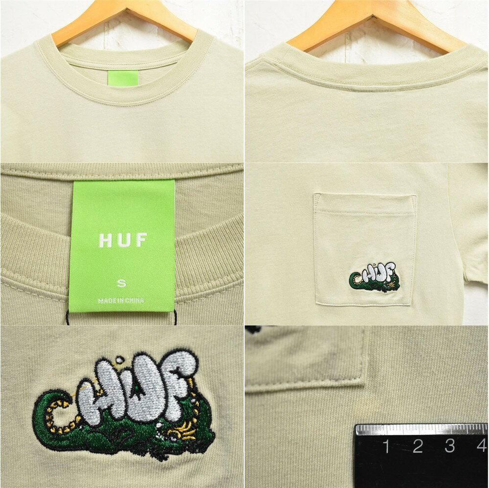 【未使用品】【展示試着品】HUF ハフ 長袖Tシャツ ロンT ポケT ポケットTシャツ ベージュ系カーキ ロゴ刺繍 メンズS【新品】▼