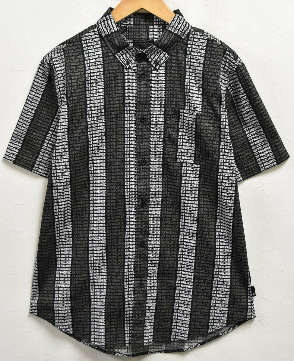 【未使用品】【展示試着品】HUF ハフ 半袖シャツ ボタンダウン ブラック 総柄 ストライプ メンズL【新品】▼