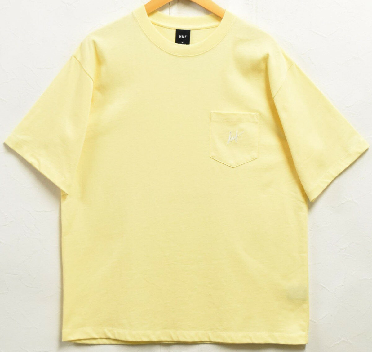HUF ハフ 半袖Tシャツ 胸ポケット ポケT ロゴ刺繍 イエロー メンズM▼