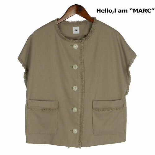 Hello,I am”Marc” フリンジベスト 軽い パッチポケット マーブルボタン フリンジ 丸首 クルーネック 合わせやすい 春ベスト レイヤード フリンジジレ