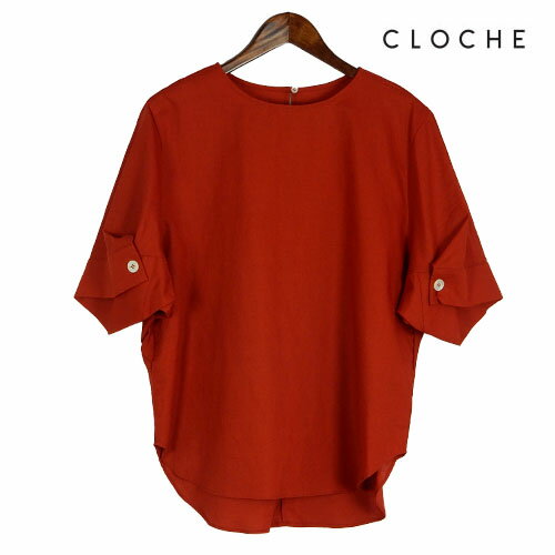 CLOCHE（クロッシェ）新着 リネンコットントップス 肘が隠れる 袖ボタン 同素材のスカート 同素材のパンツ シンプルトップス クルーネック 麻綿ブラウス