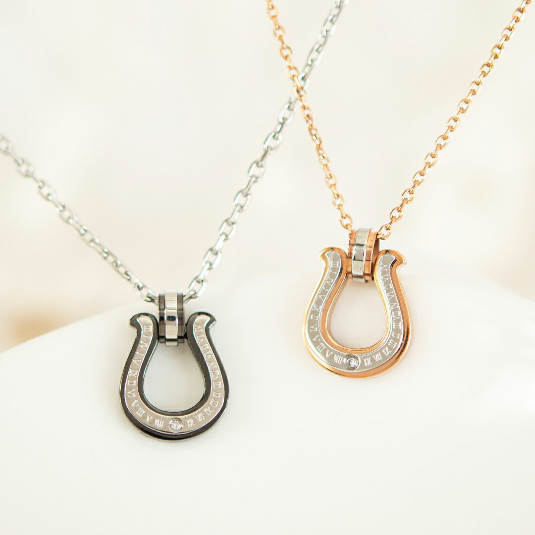 ペアネックレス(ペアセット)ステンレススチール ガンメタIPコーティング/ピンクゴールドIPコーティング ダイヤモンド(馬蹄)(ホースシュー)(316L)(文字...