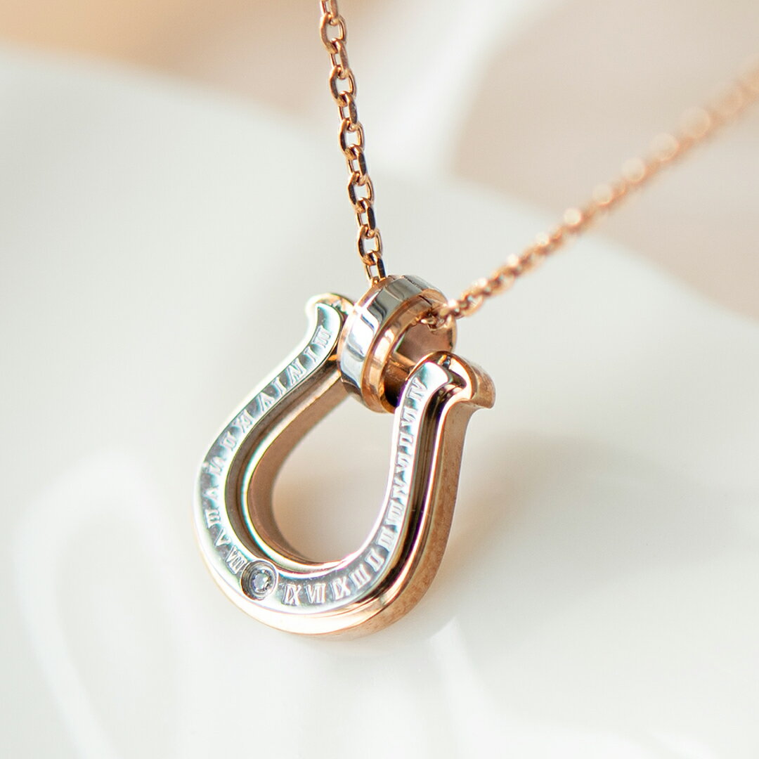 ペアネックレス(レディース単品)ステンレススチール ピンクゴールドIPコーティング ダイヤモンド(馬蹄)(ホースシュー)(316L)(文字盤)(円周率)[532...