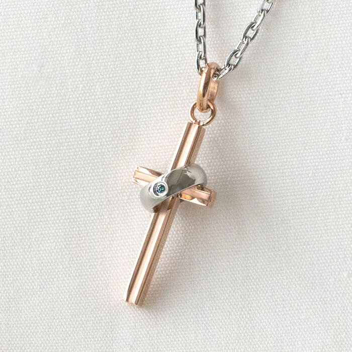 ステンレス(IPピンクゴールドコーテイング) ブルーダイヤモンド0.005ct ネックレス(レディース単品)(クロス)(19cx)[2323845104]