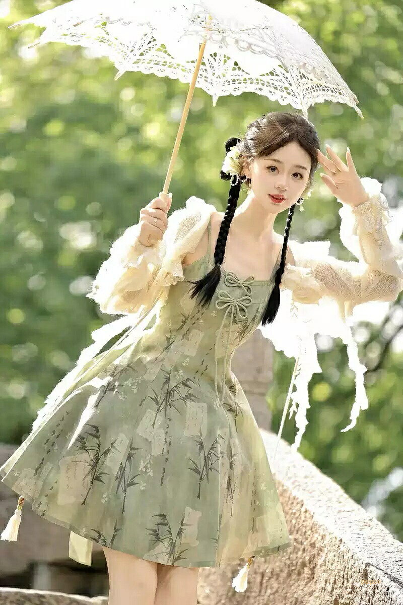 中華風ロリータワンピース 可愛いロリータ服 ジャンパースカート キャミソールドレス 長袖トップス プリンセスドレス 可愛いワンピース プリント柄 改良風 パーティードレス Lolita 大人コスチューム ハロウィン コスプレ衣装 文化祭 学園祭 イベント ロリータファション 緑