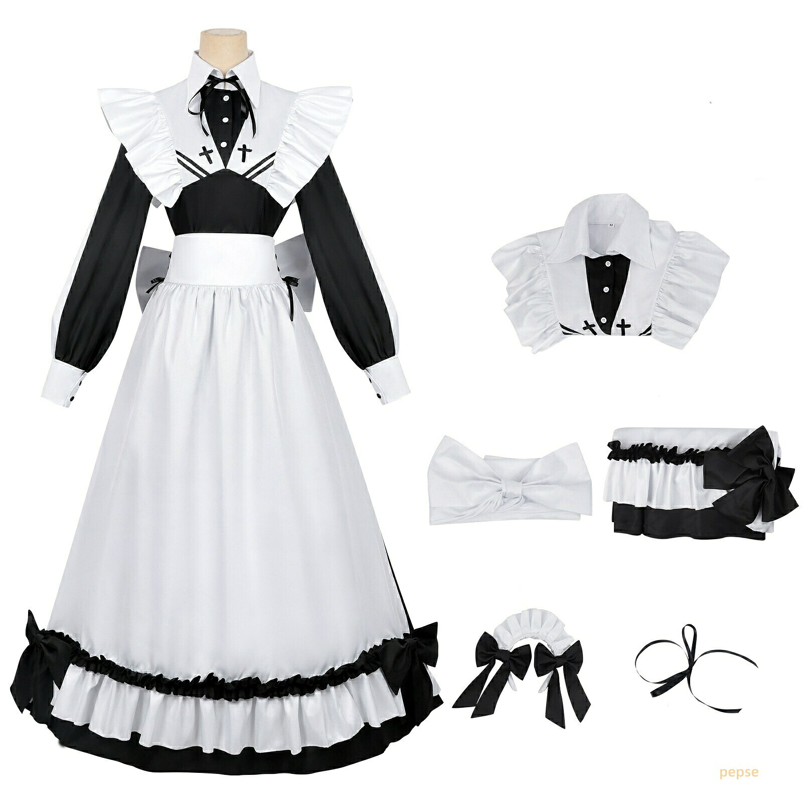 上下セット メイド服 トップス スカート ロング丈 髪飾り付き 長袖 リボン フリル レディース 可愛い 執事 ウエイトレス コスプレ衣装 ハロウィン パーティー 喫茶店 コスチューム 舞台衣装 演出服 ダンス衣装 団体服 エレガント 変装 仮装 イベント 学園祭 文化祭 黒白系