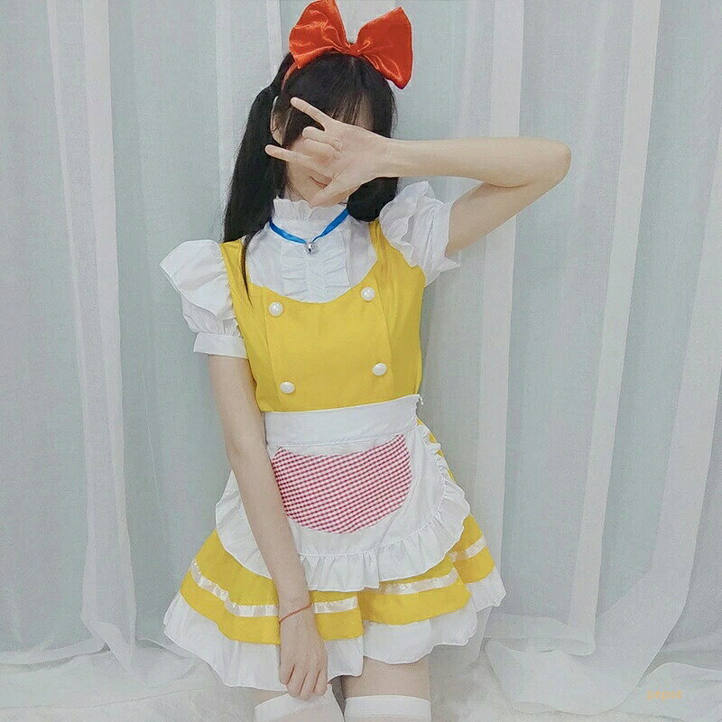 可愛いコスチューム メイド服 大人用 メイド衣装 フリル リボン メイドコスプレ 半袖 ショート丈 ハロウィンコスチューム ワンピース+エプロン+髪飾り+首飾り メイド喫茶 萌え 舞台衣装 イベント パーティー 学園祭 キャラクター 仮装 変装 女装 イエロー クリームケーキ風