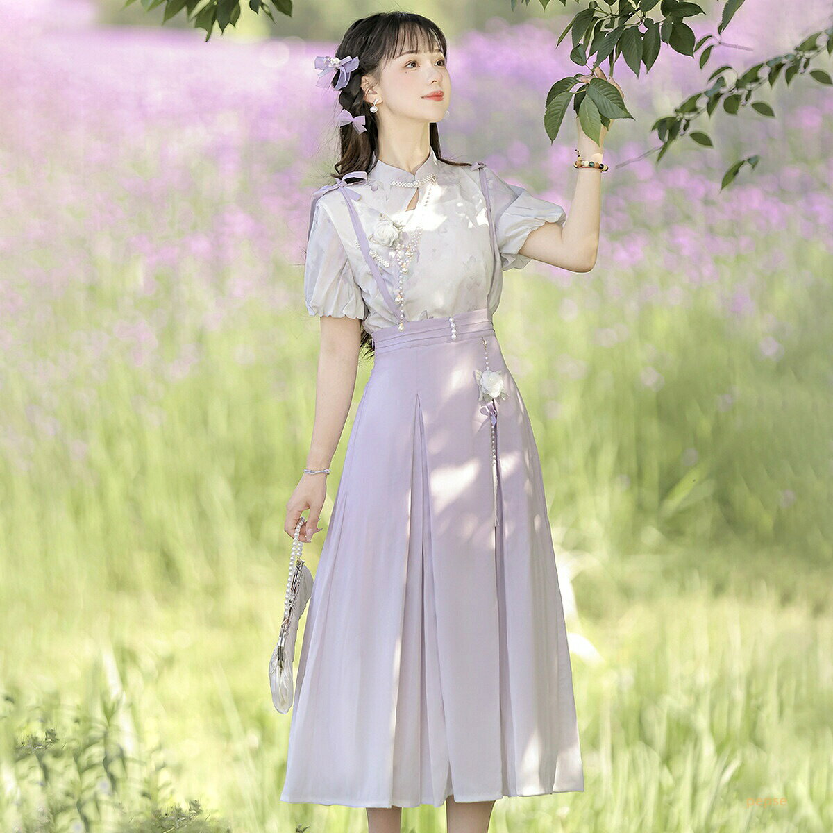 2点/3点上下セット ロリータ ワンピース トップス+スカート+キャミソール 半袖 森ガール系 チャイナカラー ミモレ丈スカート 中華風 改良漢服 可愛い プリンセス コスプレ衣装 仮装 コスチューム衣装 レディース 大人 ハロウィン変装 ゴスロリ パーティー イベント 学園祭 紫