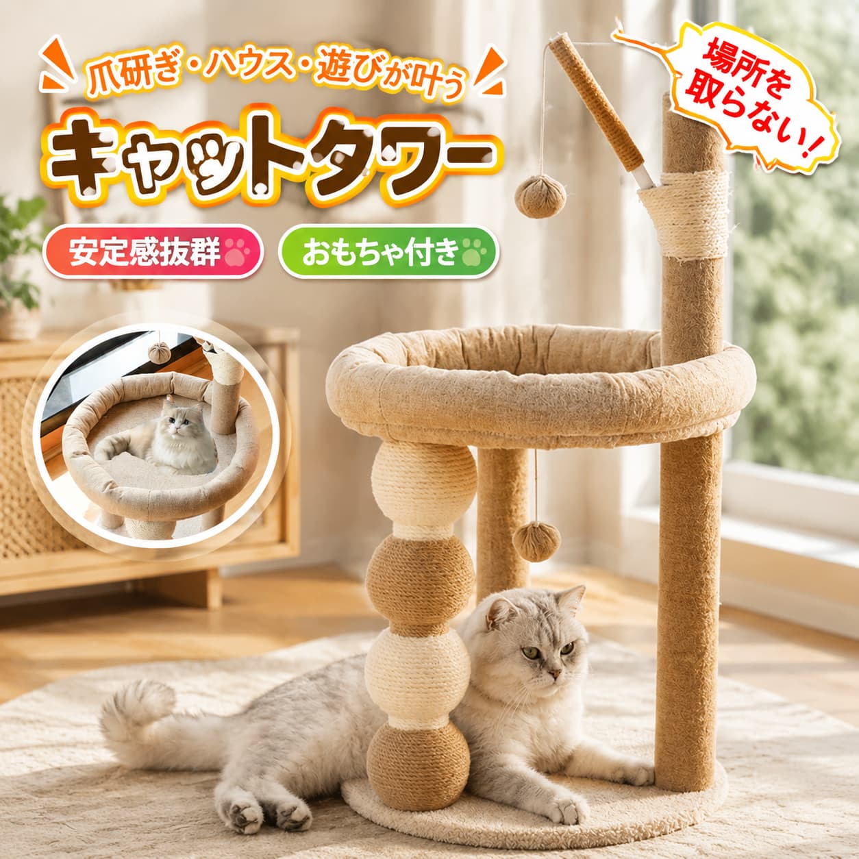 【楽天スーパーSALE】キャットタワー 猫タワー 猫ハウス 猫遊び場 多頭飼い キャットハウス ストレス解消 運動不足解消 ベッド 爪研ぎ柱 ネコタワー 安定感 ゴミが出にくい 丈夫 猫 猫グッツ 猫ポール 3本柱 天然麻 爪とぎ 玩具 組み立て簡単 耐久性
