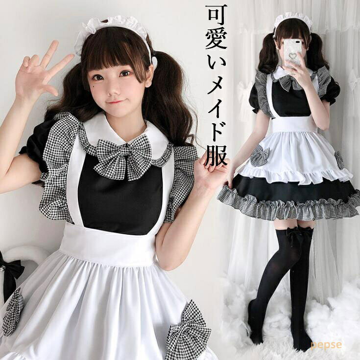 メイド服 ショート丈ワンピース メイドコスプレ 半袖メイド服 チェック柄 大人コスチューム メイド喫茶 コスプレ エプロン ウェイトレス 萌え 可愛い 二次元美少女ウェア 猫耳 猫しっぽ ハロウィン衣装 舞台衣装 仮装 女装 イベント 余興 学園祭 キャラクター ブラック S-3L