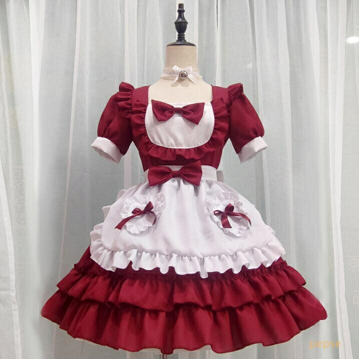 レディースコスチューム メイド喫茶 4点セット 髪飾り付き フレアワンピース メイド服 メイドコスチューム 可愛い半袖メイド服 ショート丈 エプロン ウェイトレスコスプレ 萌え 可愛い 美少女ウェア ハロウィン衣装 舞台衣装 仮装 女装 イベント 余興 学園祭 レッド ピンク青