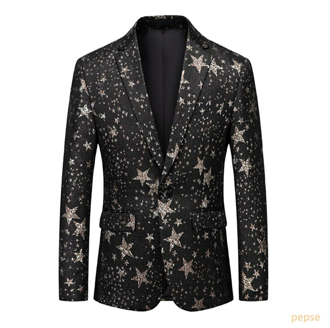 メンズステージ演出服 星柄スーツジャケット メンズコート舞台スーツジャケット 舞台衣装 メンズ礼服 ジャケット タキシード テーラード シングルボタン 結婚式 ウェディング 前撮り ステージ衣装 舞台衣裳 余興 司会者 指揮者 忘年会 新年会 演出服 パーティー M-6XL