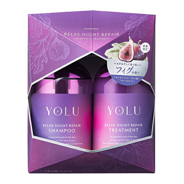 ブランド名ヨル (YOLU)商品名フィグリラックスナイトリペアヘアケアセットフィグの香り数量限定(YOLU Fig Relax Night Repair Hair Care Set)カテゴリー ヘアケア シャンプー＆トリートメント商品説明2026年夏限定のフィグの香りが楽しめる、リラックスナイトリペアシリーズのヘアケアセット。うねりが気になる髪にうるおいを与え、さらさらでまとまりのある扱いやすい髪に整えます。シャンプーとトリートメントをセットで使える、毎日の夜のヘアケアにおすすめの限定セットです。使い方【シャンプー】髪全体をぬらした後、適量をなじませよく泡立てて洗い、その後十分すすいでください。【トリートメント】水気をきり、適量を中間〜毛先を中心にもみこむようになじませてください。その後なめらかさが残る程度にすすいでください。髪の根元から塗布するとベタつきの原因になるので、毛先中心のケアを心がけてください。配送・支払方法について宅配（全国どこでも送料無料）広告文責：株式会社ノースカンパニー 011-776-6984区分：化粧品・フレグランス/国内正規品原産国：日本など検索ワード：ヨル YOLU フィグ リラックスナイトリペア ヘアケアセット リラックスナイトリペアセット ヘアケアセット シャンプー トリートメント シャンプーセット トリートメントセット ヘアケア ナイトケア ナイトリペア 夜間美容 うるおい 保湿 うねり うねりケア まとまり さらさら髪 なめらか髪 扱いやすい髪 ケラチン コラーゲン フィグ フィグの香り フィグフレグランス フィグヘアケア リラックスナイトリペア さらさらタイプ 2026年限定 2026年夏限定 2026夏限定 夏限定 限定品 限定コレクション 期間限定 季節限定 限定セット ギフト プレゼント YOLUヘアケア ヨルヘアケア