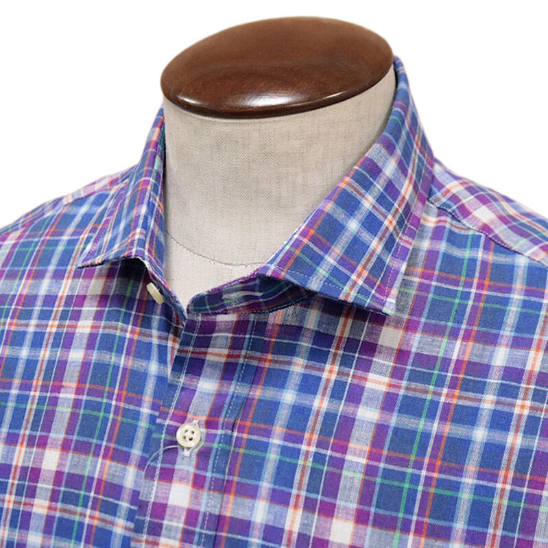 イタリア発ブランド Gian Bellini ジャンベリーニ シャツ 半袖 イタリア製 ホリゾンタルカラー リネン混 チェック柄 ブルー パープル ファッション 人気 ブランド おしゃれ ビジネス ビジカジ テレワーク オフィス 誕生日 記念 プレゼント ギフト 送料無料