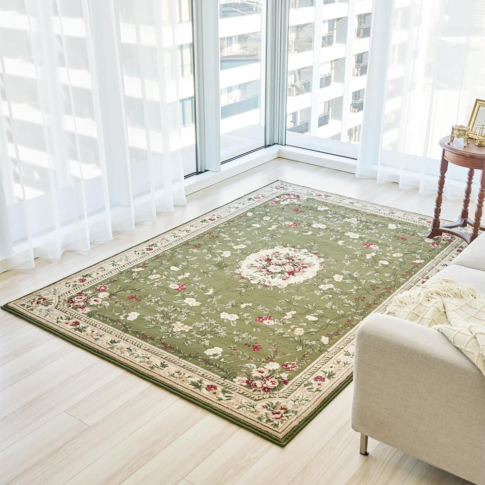 ラグ カーペット ウクライナ製 ポリプロピレン100% クラシック 床暖房OK エレガント ウィルトン織り お洒落 一人暮らし リビング オールシーズン 高級感 160cm×235cm 200cm×250cm グリーン