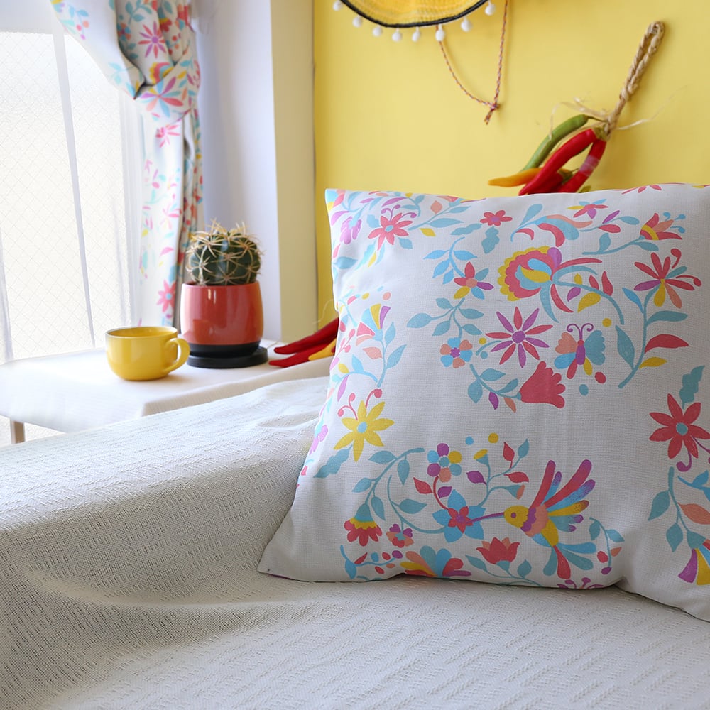 【クッションカバー】カーテン同柄 カバーのみ ファスナー仕様 簡単取付 ウォッシャブル 洗濯機可 小物 ファブリック メキシカン 民族柄 オトミ柄 オトミ ピンク ブルー パステルカラー 45cm×45cm [3]