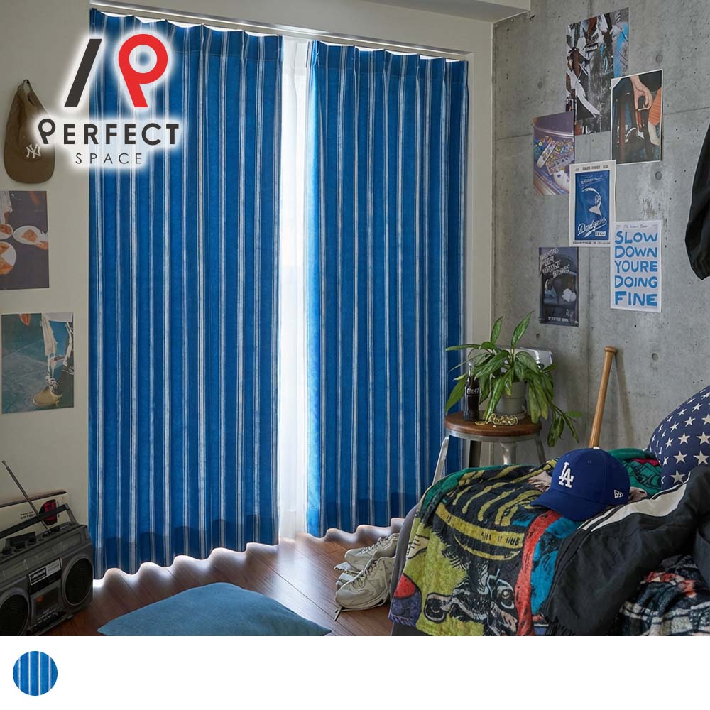 【店内全品ポイントアップ中】当店オリジナル オーダーカーテン 2級遮光 ベースボールユニフォーム風 野球 ストライプ ヴィンテージ風 メンズ ユニセックス ブルー 青 洗える 洗濯可 リビング 寝室 フック付 タッセル付 国内縫製