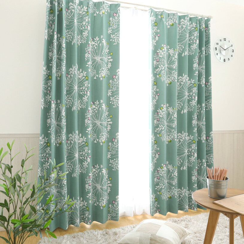 1cm刻みのカーテン カーテン 遮光カーテン 2級 遮光 オーダー オーダーカーテン 両開き 2枚 片開き 1枚 北欧 花 フラワー 植物 柄 模様 北欧デザイン ノルディック 水色 黄色 フィンランド 形状記憶 ウォッシャブル