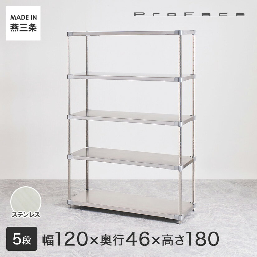 PROFACE プロフェイス SUS304ステンレス ステンレスラック 衛生 病院 研究所 施設 フリーラック 幅120 奥行46 高さ180 5段 (幅121.7×奥行46.3×高さ180cm) GSS5-46120 メタル製ラック 頑丈 キッチンラック アルミラック シルバーラック 収納ラック 丈夫