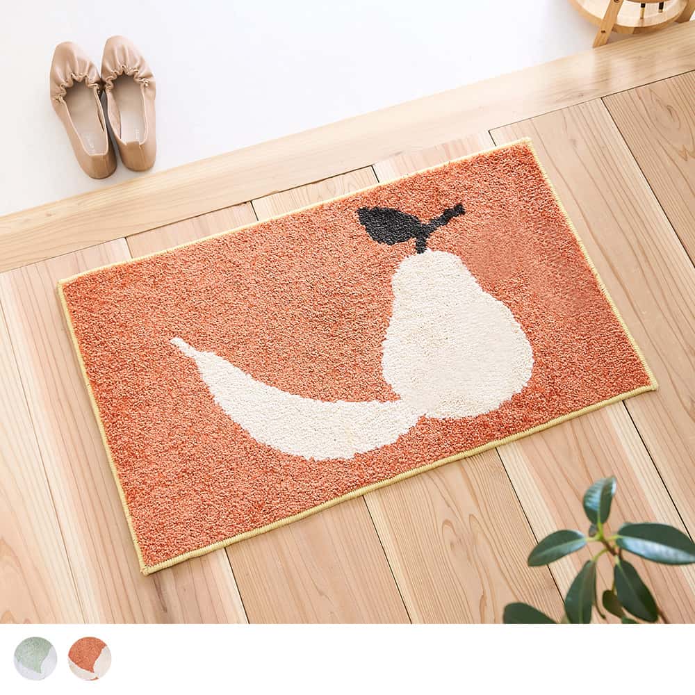 ★ブラックフライデーP5倍★ 【送料無料】玄関マット マット 日本製 ポリエステル50％ オールシーズン 床暖房OK 洗濯可 滑り止め ポップ シンプル おしゃれ フルーツ柄 耐久性 ふわふわ 寒さ対策 グリーン オレンジ 45cm×75cm