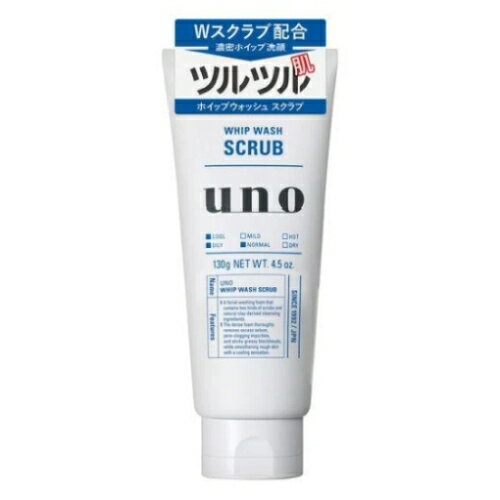 uno WHIP WASH SCRUBWスクラブ配合の濃密泡が毛穴の奥の汚れ・黒ずみ・ざらつきをゴッソリ落としてツルツル肌へ！泡立て中に小さく崩れ、不要な角質・毛穴の黒ずみやざらつきを取り去るクラッシュスクラブと、微細の球状ローリングスクラブが、肌を傷つけずに皮脂や汚れを落としますスピーディーな泡立ちで、濃密な泡を実現清潔な肌に保ち、ニキビを防ぐ「天然クレイ洗浄成分」配合みずみずしいシトラスグリーンの香り＜使用方法＞手肌をよくぬらし、適量(約2cm)を手にとり、水かぬるま湯でよく泡立てて洗います。その後、十分に洗い流します。＜使用上の注意＞◇目に入らないようご注意ください。もし入った場合は、こすらずに、すぐ洗い流してください。目に異物感が残る場合は、眼科医にご相談ください。◇乳幼児の手の届かないところにおいてください。◇日のあたるところや高温のところにおかないでください。◇浴室乾燥機を使用する場合は、浴室内におかないでください。＜成分＞水、ステアリン酸、ミリスチン酸、PEG-8、水酸化K、ラウリン酸、グリセリン、DPG、結晶セルロース、メントール、ミツロウ、PEG-90M、酢酸トコフェロール、エタノール、タルク、EDTA-2Na、エチルセルロース、シリカ、BHT、香料、グンジョウ販売名ホイップウォッシュ（スクラブ） f内容量130g区分化粧品発売元株式会社ファイントゥデイ広告文責株式会社パーフェクト連絡先電話番号 03-3525-4515※沖縄県宛のご注文は承っておりません。キャンセルにて対応させていただきます。※モニターの設定や部屋の照明等により実際の商品と色味が異なる場合がございます。※パッケージデザイン等は予告なく変更されることがあります。JANコード 4550516494603