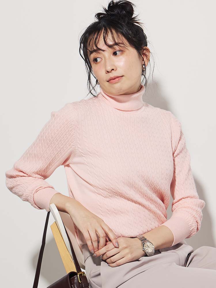 レディースニット・カットソー ニット長袖タートル 長袖タ−トルケ−ブルニット L．ピンク S M L ポリエステル アクリル ナイロン ウール 秋冬 PSFA