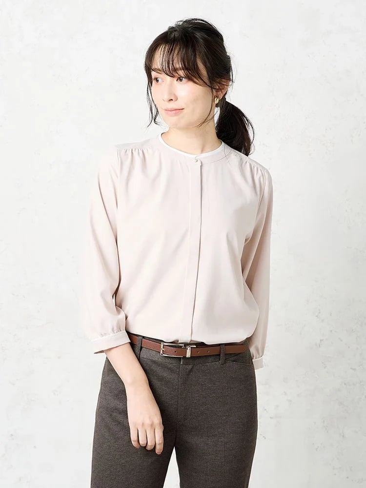 レディースニット・カットソー カット長袖プルオーバ 7分袖パウダーストレッチ配色ブラウス 防しわ UV..