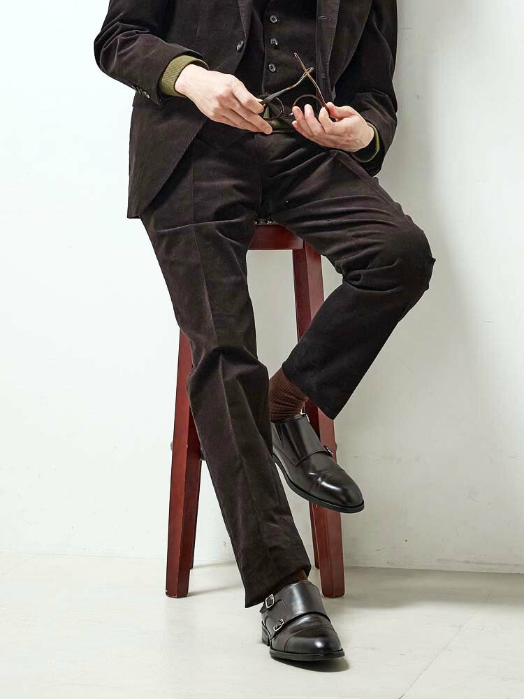 メンズパンツ ワンタック TRANSCONTINENTSTコットンコーデュロイ セットアップパンツ ブラウン S M L LL 綿 ポリエステル ポリウレタン 秋冬 PSFA
