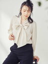 レディース ブラウス ジョーゼット ビックボウタイ 9分袖 ベージュ S M L ポリエステル 通年 PSFA