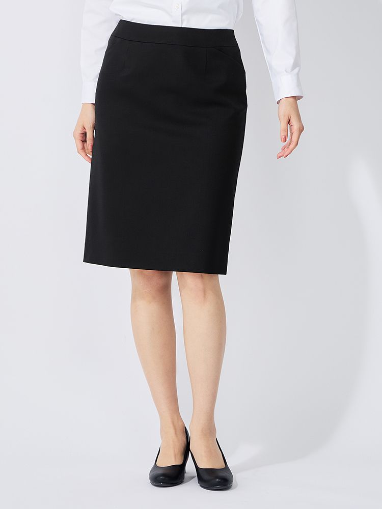 レディーススカート 膝丈タイト 撥水・撥油 シルク混 黒無地 リクルートタイトスカート ブラック 5 7 9..