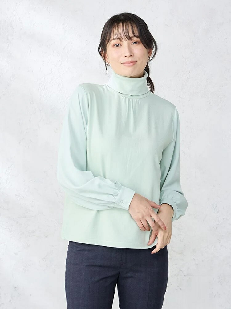 レディースニット 裏起毛タートルネック 長袖プルオーバ プルオーバー L．グリーン M L レーヨン ポリウレタン 秋冬 PSFA