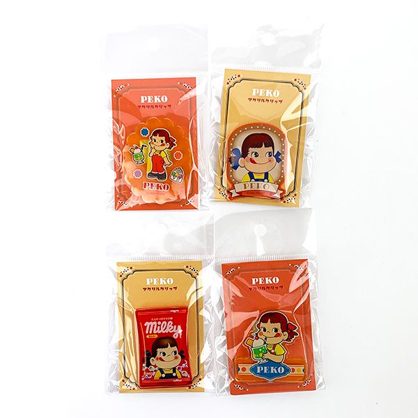 ペコちゃん アクリルクリップ4種セット（レトロチラシ・レトロペコ・ミルキーペコ・メロンソーダ） 日本製 不二家のサムネイル