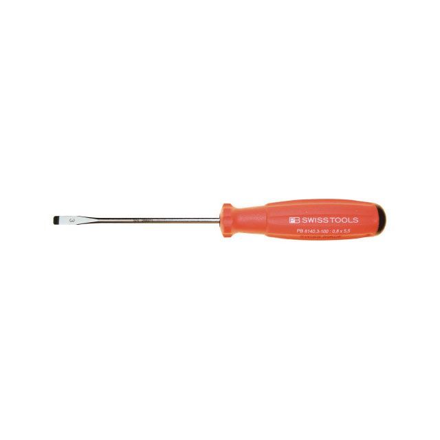 ●メーカー名：PBスイスツールズ / PBSWISSTOOLS(ピービースイスツールズ)●商品名：8140-3-100 スイスグリップ・マイナスドライバー●メーカー品番：・8140.3-100●JANコード：7610733274130商品の保証は、メーカー保証書の内容に準じます。●仕様全長（mm）：200軸長（mm）：100軸径（φmm）：5刃先幅（mm）：5.5刃先厚（mm）：0.8適合ネジ：M3質量（g）：54●特徴■スイスグリップはポリプロピレン・サントプレンの2種の新素材からなるハンドルです。■ハンドル形状は人間工学的デザインに基づいたマルチクラフトと同型で、厳選された表面素材は人間の手の硬度に近く、従来のPBハンドルの特性が、軟らかく温かみのあるスイスグリップにより更に引き出されています。■ハンドル後部にはドライバーの先端形状のシンボルマークとサイズを表示していますので、作業に適したドライバーをすぐに選ぶことができます。■特殊な表面構造により、濡れた手で握っても滑りにくく、さらにオイル・ガソリンに耐性があり、汚れてもきれいに落とせます。●備考ポリプロピレン・サントプレンの2種の新素材からなるハンドル
