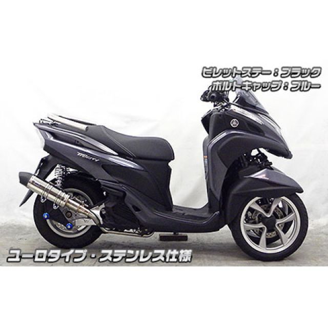 モトメガネ 楽天市場店のウイルズウィン トリシティ125用 アニバーサリーマフラー ユーロタイプ ステンレス仕様 トリシティ125 ビレットステー ブラック ボルトキャップ レッド オプション オプションB｜アングル3
