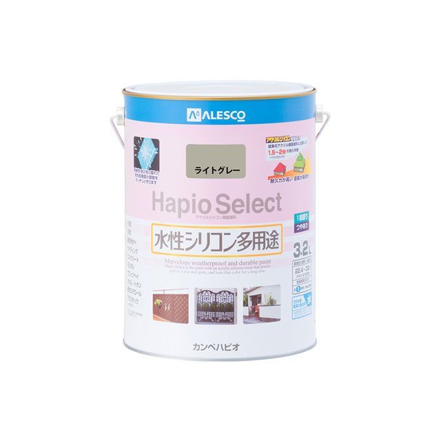 ●メーカー名：カンペハピオ / Kanpe Hapio●商品名：ハピオセレクト ライトグレー 3.2L●メーカー品番：・00017650651032●JANコード：4972910048112商品の保証は、メーカー保証書の内容に準じます。仕様【塗れない物】自動車、バイク、高級家具、床面、ビニールクロス、常に水に浸かっている所、鉄以外の金属（ステンレス、アルミ、メッキ、真ちゅう、銅、ホーロー）、タイル、化粧板、陶器、ポリカーボネート、ポリエチレン、ポリプロピレン、シリコンなど特殊処理された素材■容量：3.2L■色：ライトグレー■商品サイズ（mm）：169Φ×223■商品重量（g）：4239■乾燥時間： 約1時間（20℃） 約2時間（冬期） ■重ね塗り時間：4時間以上（20℃） 6時間以上（冬期）■塗り面積（m2）：約 22.4〜32■塗り重ね回数：1回用途木部・鉄部・プラスチック（一部を除く）・発泡スチロール・コンクリートなど特長■高耐久アクリル・シリコン樹脂配合だから紫外線・排ガス・雪・酸性雨など外敵から建物を守り、長期間風合い・ツヤを保ちます。■臭いが少なく、乾燥も速く、使いやすい水性タイプ。※乾くと雨や水で流れ落ちる事はありません。■防カビ剤配合だから外壁・水まわりなどをカビの発生から守ります。■防サビ配合だから鉄部をサビの発生から守ります。※掲載画像はイメージです。実際の商品とは色味や仕様が異なる場合がございます。