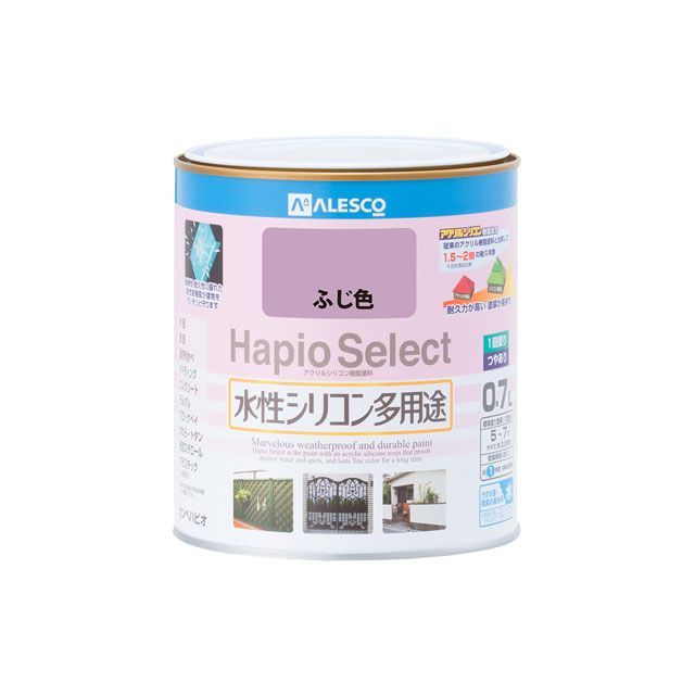 ●メーカー名：カンペハピオ / Kanpe Hapio●商品名：ハピオセレクト ふじ色 0.7L●メーカー品番：・00017650271007●JANコード：4972910049843商品の保証は、メーカー保証書の内容に準じます。仕様【塗れない物】自動車、バイク、高級家具、床面、ビニールクロス、常に水に浸かっている所、鉄以外の金属（ステンレス、アルミ、メッキ、真ちゅう、銅、ホーロー）、タイル、化粧板、陶器、ポリカーボネート、ポリエチレン、ポリプロピレン、シリコンなど特殊処理された素材■容量：0.7L■色：ふじ色■商品サイズ（mm）：119Φ×121■商品重量（g）：1002■乾燥時間： 約1時間（20℃） 約2時間（冬期） ■重ね塗り時間：4時間以上（20℃） 6時間以上（冬期）■塗り面積（m2）：約 5〜7■塗り重ね回数：1回用途木部・鉄部・プラスチック（一部を除く）・発泡スチロール・コンクリートなど特長■高耐久アクリル・シリコン樹脂配合だから紫外線・排ガス・雪・酸性雨など外敵から建物を守り、長期間風合い・ツヤを保ちます。■臭いが少なく、乾燥も速く、使いやすい水性タイプ。※乾くと雨や水で流れ落ちる事はありません。■防カビ剤配合だから外壁・水まわりなどをカビの発生から守ります。■防サビ配合だから鉄部をサビの発生から守ります。※掲載画像はイメージです。実際の商品とは色味や仕様が異なる場合がございます。