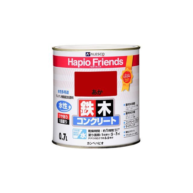 ●メーカー名：カンペハピオ / Kanpe Hapio●商品名：ハピオフレンズ あか 0.7L●メーカー品番：・00077650031007●JANコード：4972910060299商品の保証は、メーカー保証書の内容に準じます。仕様【塗れない物】自動車、バイク、高級家具、床面、ビニールクロス、常に水に浸かっている所、鉄以外の金属（ステンレス、アルミ、メッキ、真ちゅう、銅、ホーロー）、タイル、化粧板、陶器、ポリカーボネート、ポリエチレン、ポリプロピレン、シリコンなど特殊処理された素材■容量：0.7L■色：あか■商品サイズ（mm）：119Φ×121■商品重量（g）：981■乾燥時間： 約1時間（20℃） 約2時間（冬期） ■重ね塗り時間：4時間以上（20℃） 6時間以上（冬期）■塗り面積（m2）：約 5〜7■塗り重ね回数：1回用途木部・鉄部・プラスチック（一部を除く）・発泡スチロール・コンクリートなど特長■ウレタン樹脂配合だから紫外線・排ガス・雪・酸性雨など外敵から建物を守り、長期間風合い・ツヤを保ちます。■臭いが少なく、乾燥も速く、使いやすい水性タイプ。※乾くと雨や水で流れ落ちる事はありません。■防カビ剤配合だから外壁・水まわりなどをカビの発生から守ります。■防サビ配合だから鉄部をサビの発生から守ります。※掲載画像はイメージです。実際の商品とは色味や仕様が異なる場合がございます。